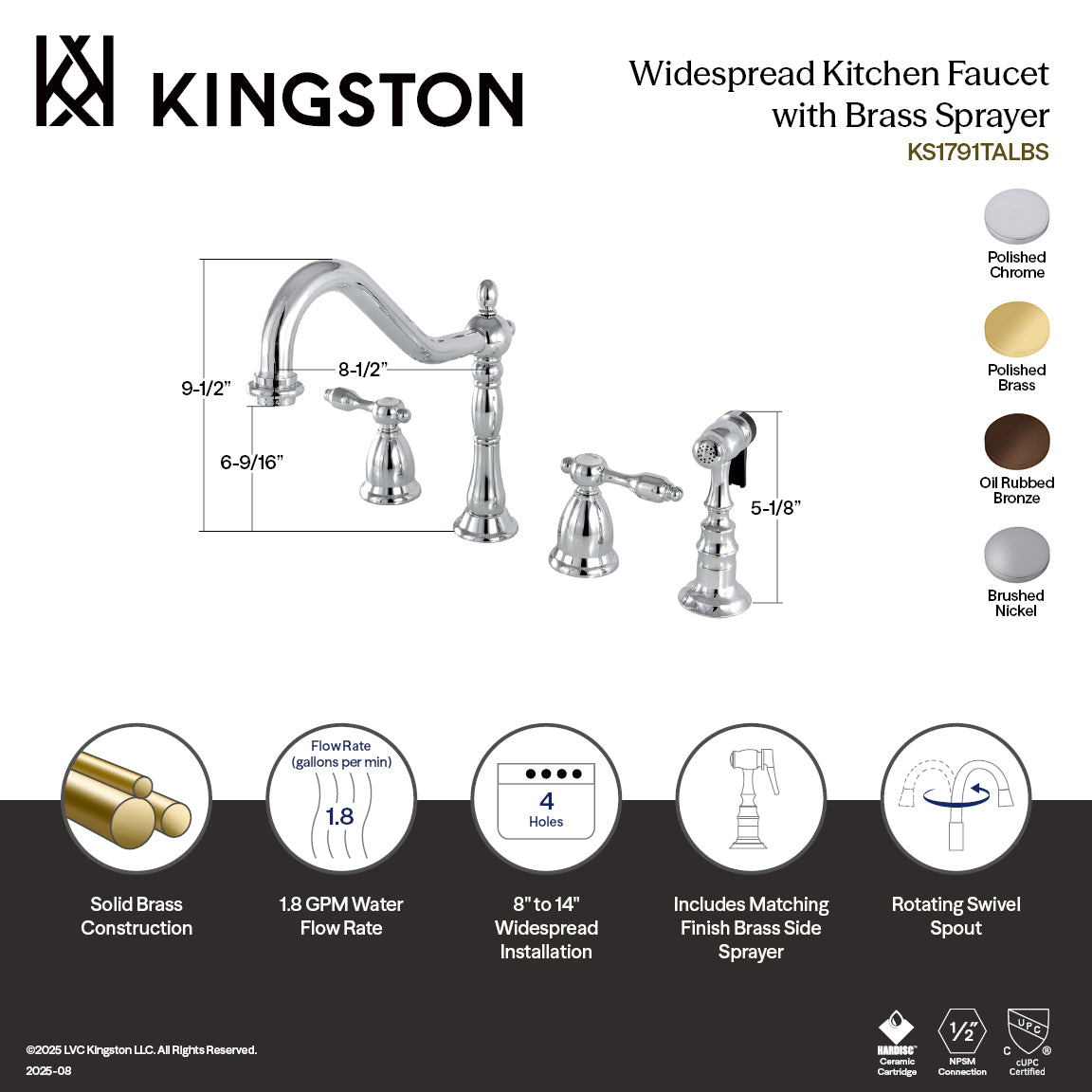 Kingston Heirloom KS1798TALBS - Tudor Double-Handle 4-Hole Widespread Kitchen Faucet with Brass Sprayer, Brushed Nickel — thumbnail 2